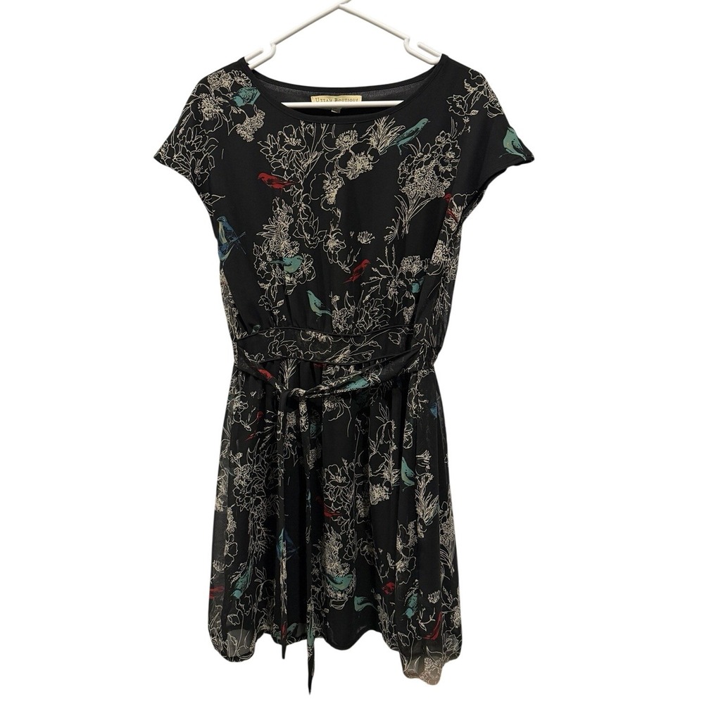 Uttam Boutique Womens Black Bird Floral Print Belted Fit Flare‎ Dress 10/12